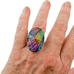 Rainbow Peacock Feather Doublet Ring 925 Silver Plated